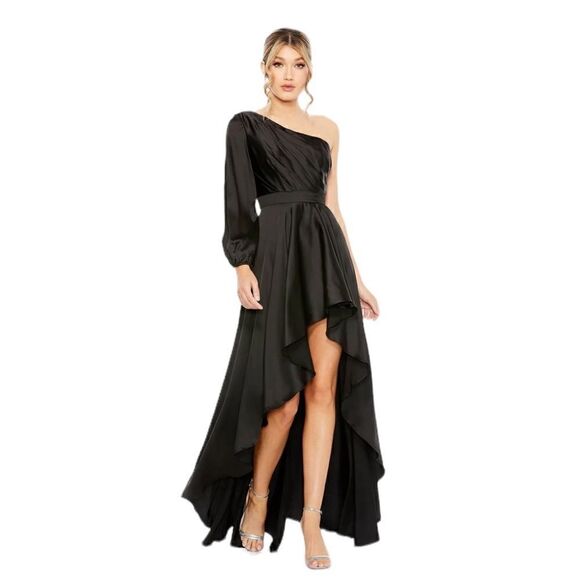 Mac Duggal 49141 Black High Low One Shoulder Gown | Size 2 - Picture 2 of 11